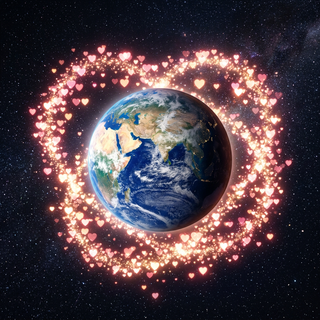 Earth in space surrounded by a ring of glowing heart shapes