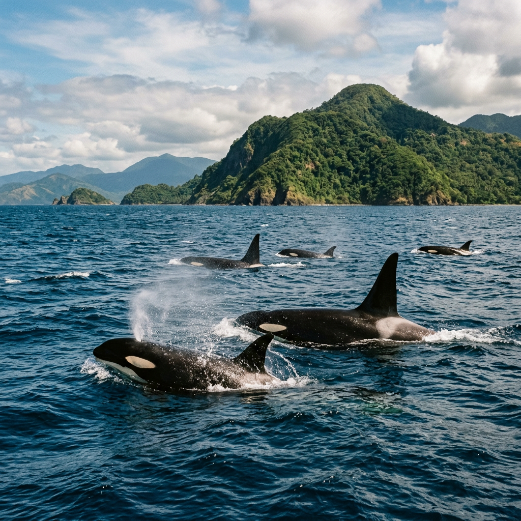 Pod of orcas swimming in blue ocean near forested island