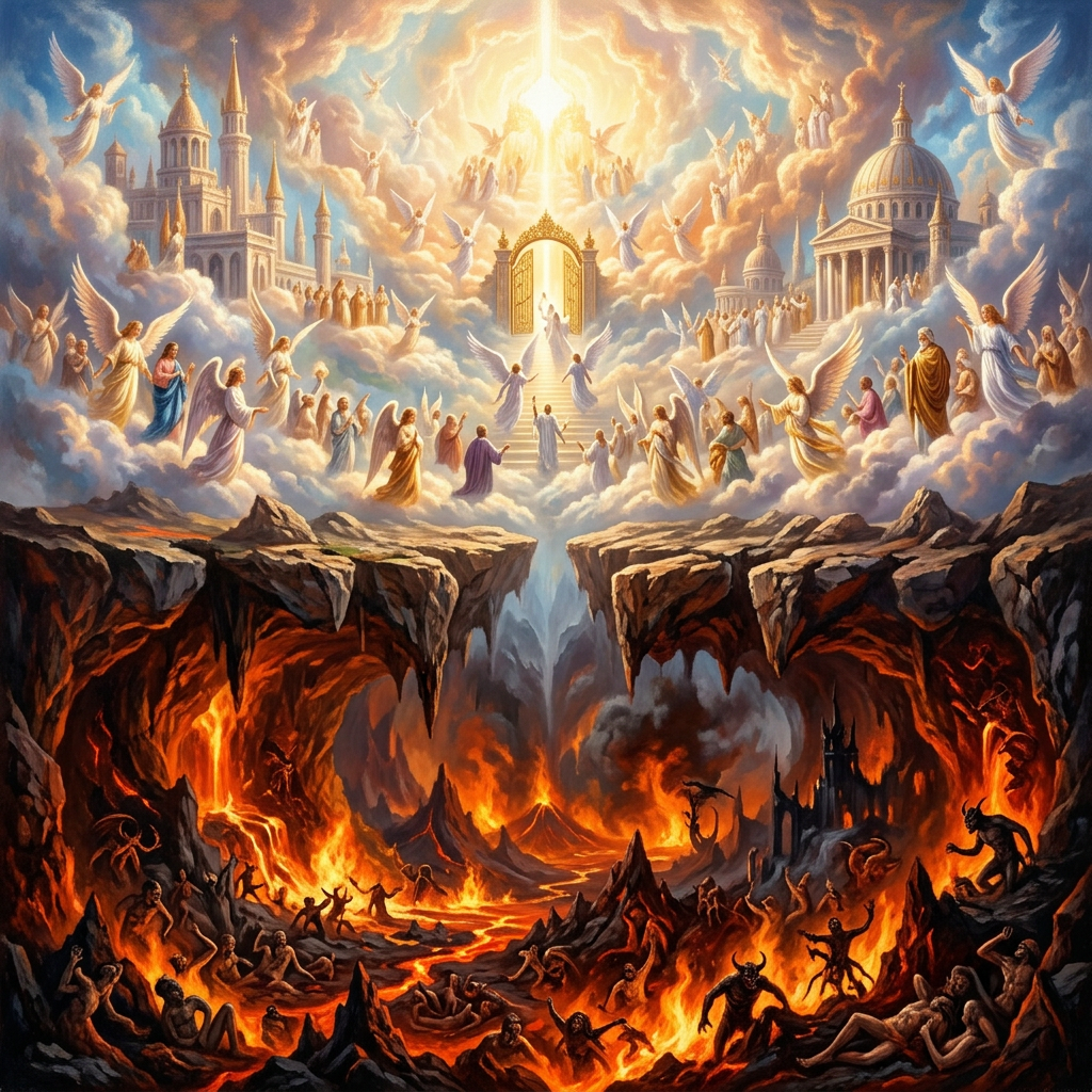 Heavenly hosts and gates above with angels and souls contrasted by fiery hell with demons below